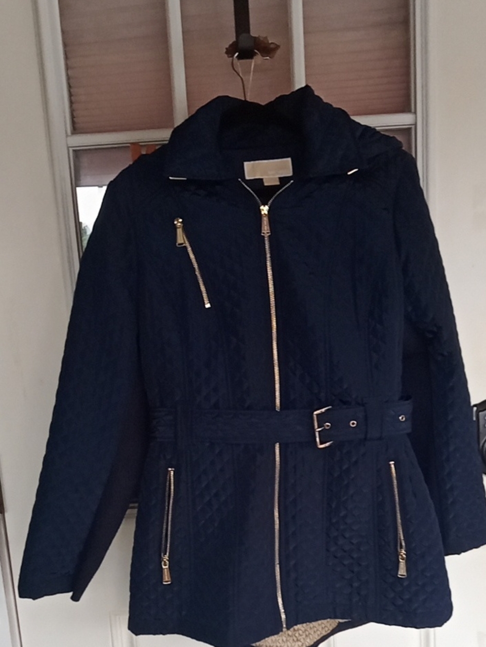 Michael Kors Collection Quilted Navy Belted Puffer Jacket